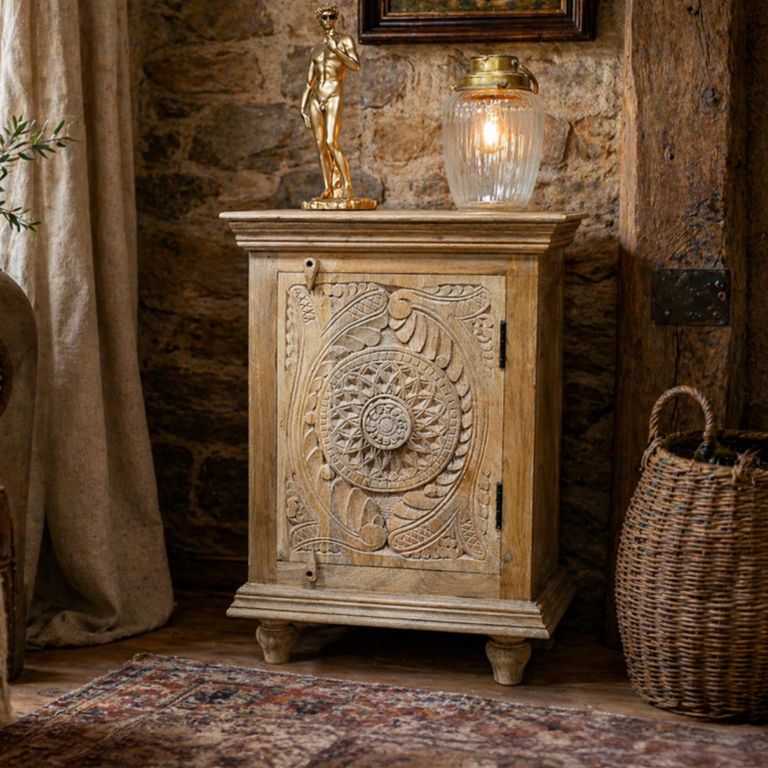 Carved Mango Wood 1 Door Narrow Bedside Cabinet