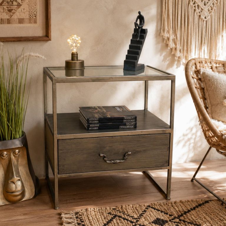 Grey Metal and Glass 1 Drawer Bedside Cabinet