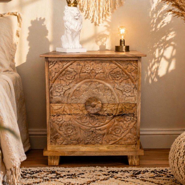 Carved Mango Wood 2 Drawer Large Bedside Cabinet