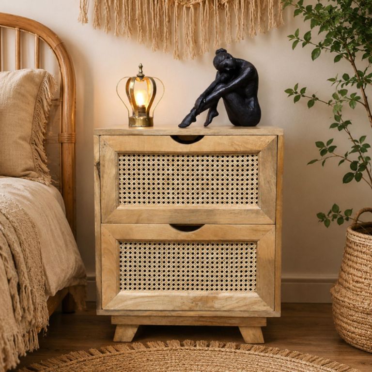 Mango Wood and Rattan 2 Drawer Bedside Cabinet