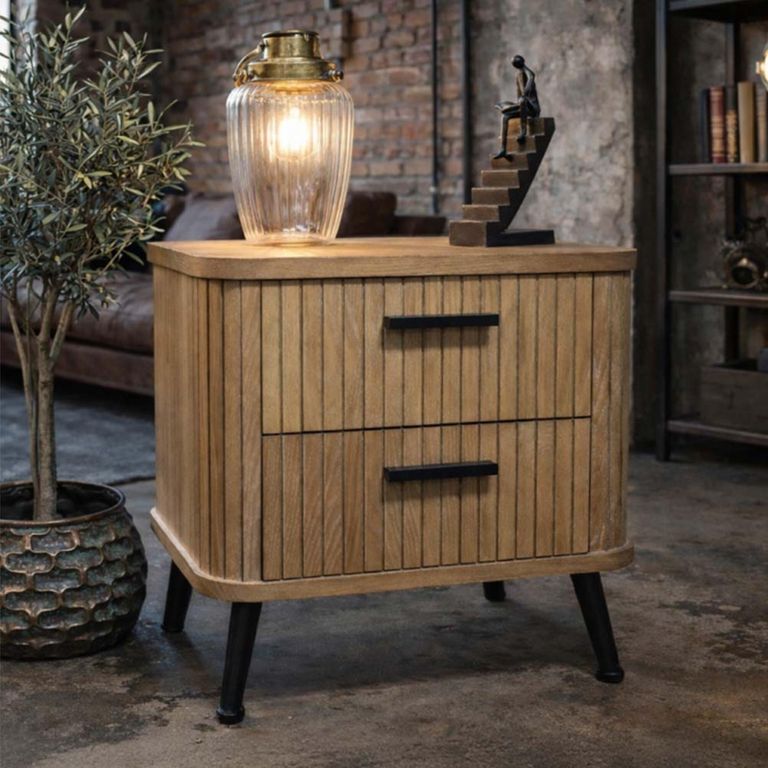 Ribbed Wooden 2 Drawer Bedside Cabinet