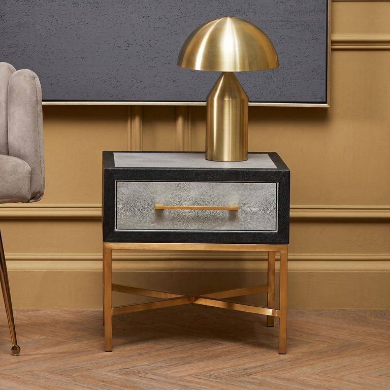 Cadio Bedside Table - 1 Drawer - Grey Faux Shagreen with Gold Legs