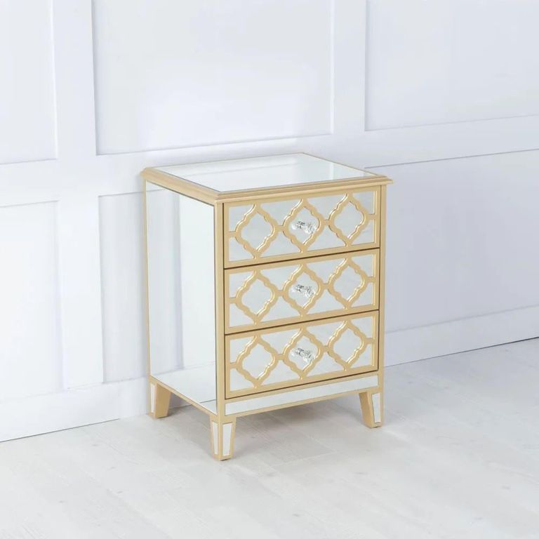 Casablanca Bedside Cabinet - 3 Drawer - Mirrored - Gold Trim