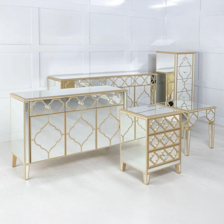 Casablanca Bedside Cabinet - 3 Drawer - Mirrored - Gold Trim