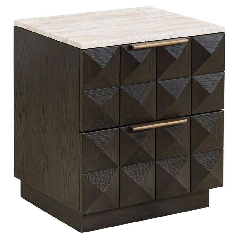 Claremont Dark Wood 2 Drawer Geometric Bedside Cabinet with Travertine Top