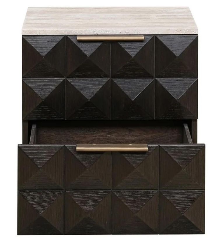 Claremont Dark Wood 2 Drawer Geometric Bedside Cabinet with Travertine Top