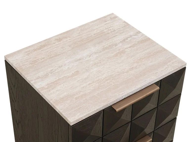 Claremont Dark Wood 2 Drawer Geometric Bedside Cabinet with Travertine Top