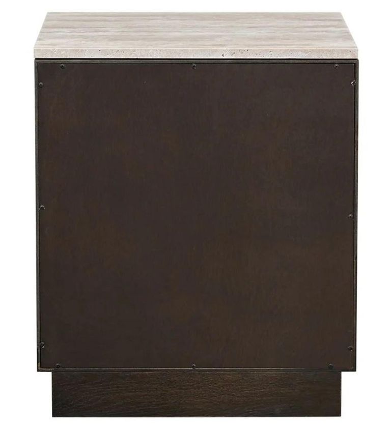 Claremont Dark Wood 2 Drawer Geometric Bedside Cabinet with Travertine Top