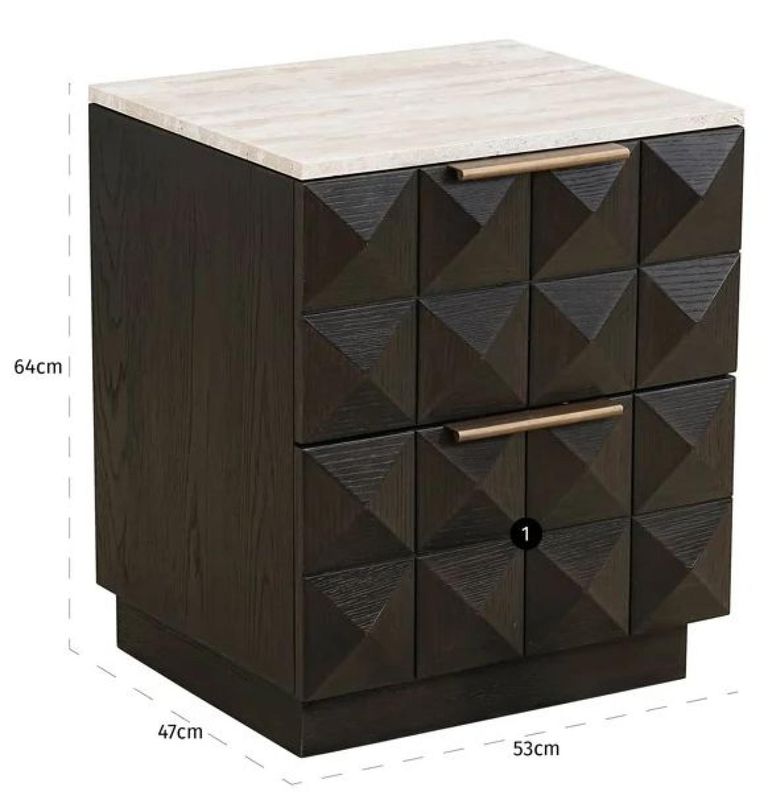 Claremont Dark Wood 2 Drawer Geometric Bedside Cabinet with Travertine Top