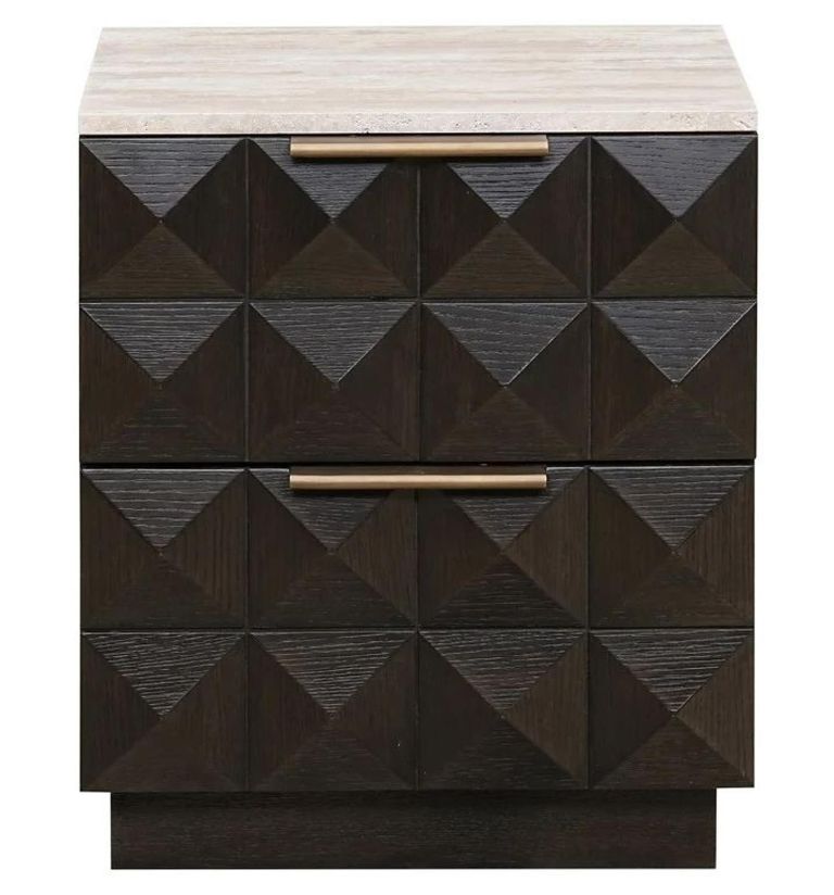Claremont Dark Wood 2 Drawer Geometric Bedside Cabinet with Travertine Top