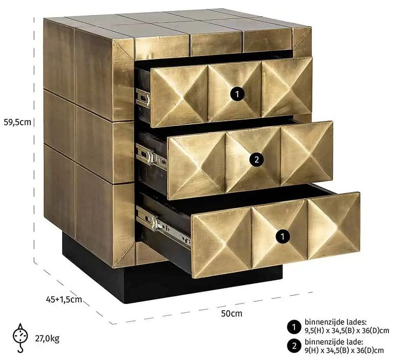Collada Brass Cladded 3 Drawer Bedside Cabinet