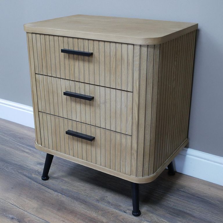 Bedside Cabinet - 3 Drawer - Ribbed Wooden