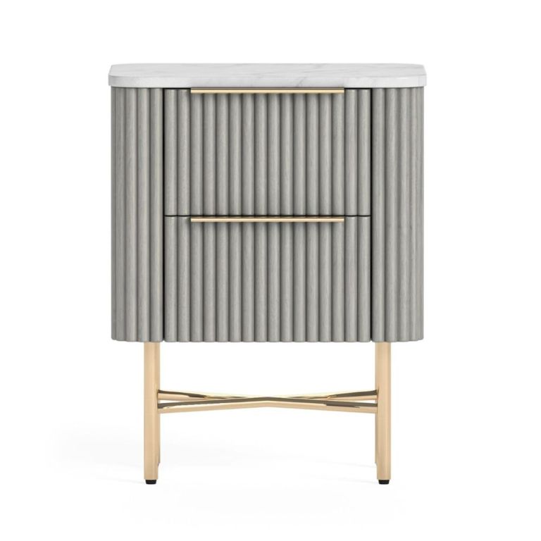Isabella Grey Bedside Table - 2 Drawer Narrow Fluted - White Marble Top