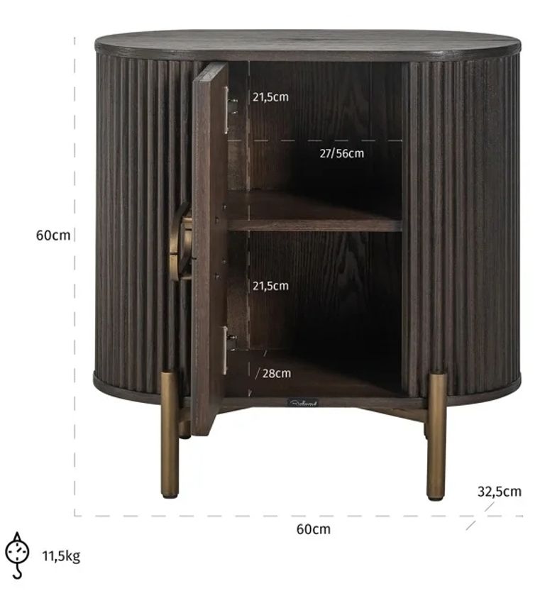 Luxor Brushed Brass Ribbed 1 Door Curved Bedside Cabinet