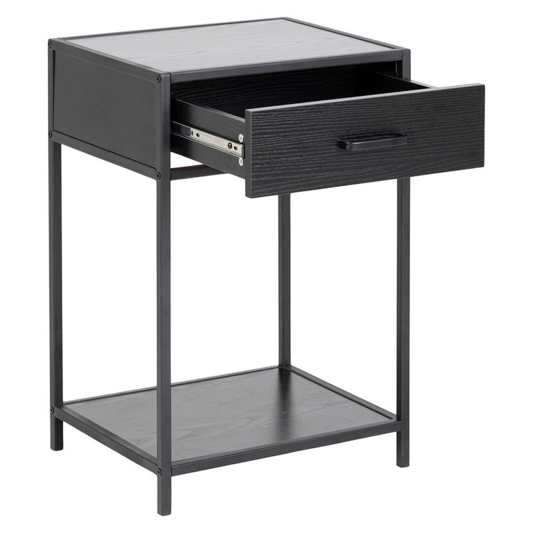 Seaford Bedside Table - 1 Drawer - Black Melamine and Metal