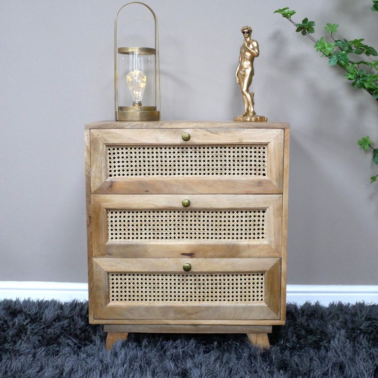 Chest - Mango Wood and Rattan - 3 Drawer - Small