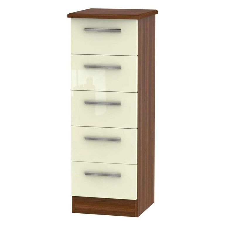 Knightsbridge Chest - Narrow - 5 Drawer - Cream Gloss and Walnut