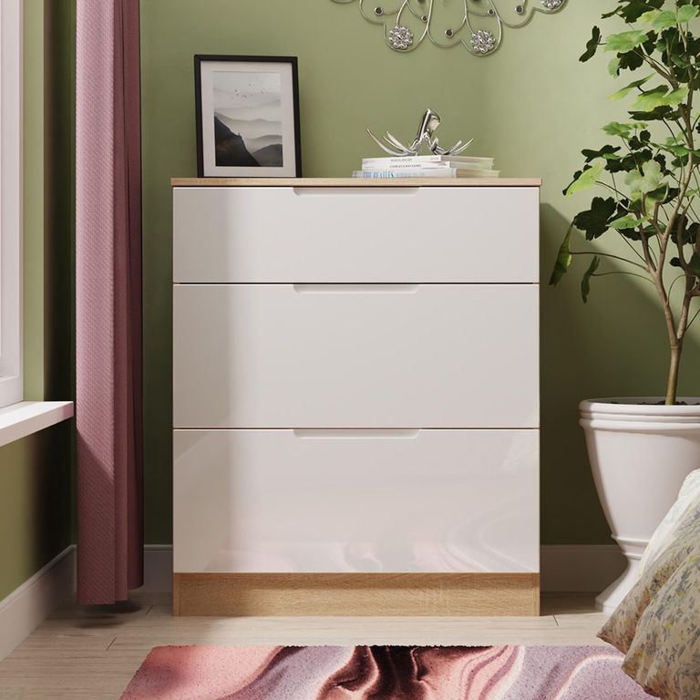 Milan Chest - Deep - 3 Drawer - White Gloss and Oak