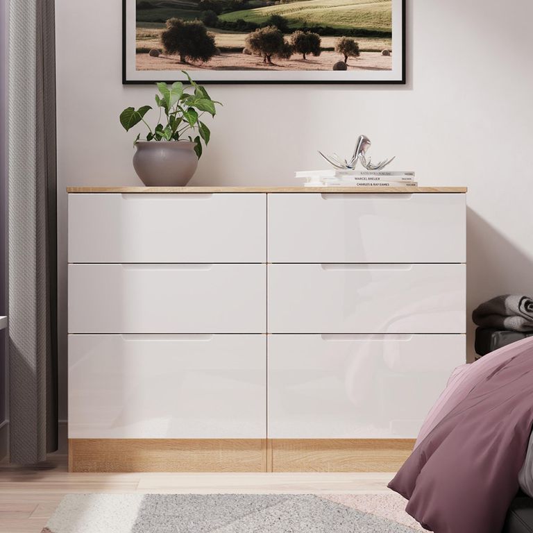 Milan Chest - Midi - 6 Drawer - White Gloss and Oak