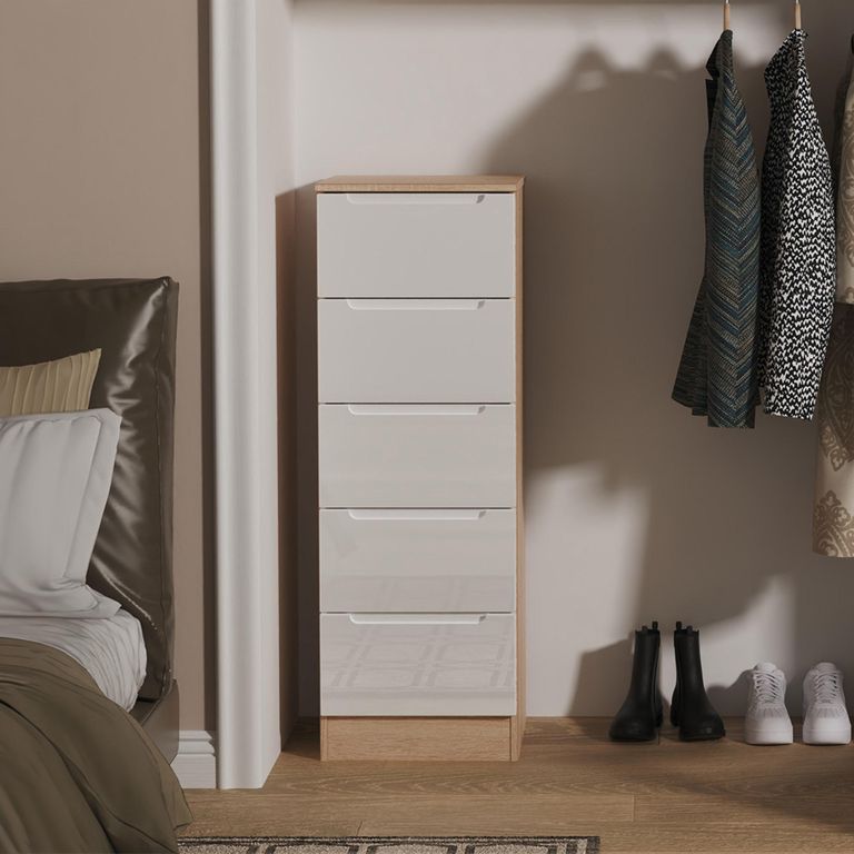 Milan Chest - Narrow - 5 Drawer - White Gloss and Oak