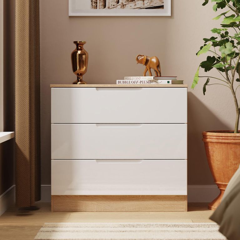 Milan Chest - Small - 3 Drawer - White Gloss and Oak