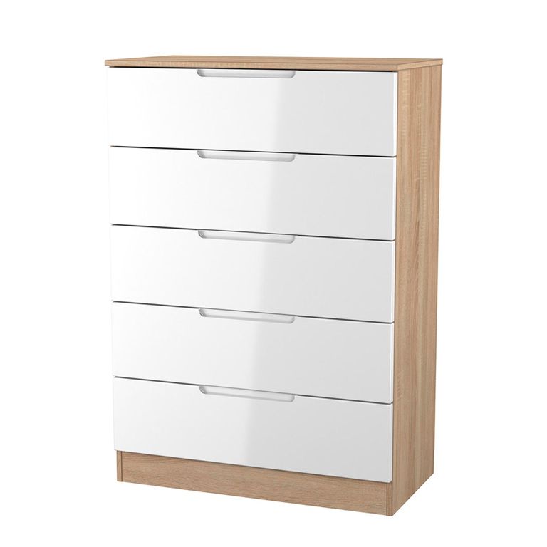 Milan Chest - 5 Drawer - White Gloss and Oak