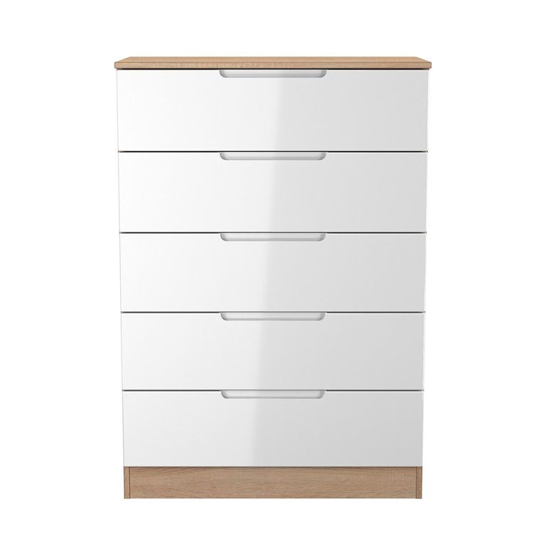 Milan Chest - 5 Drawer - White Gloss and Oak