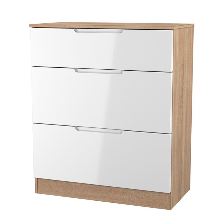 Milan Chest - Deep - 3 Drawer - White Gloss and Oak