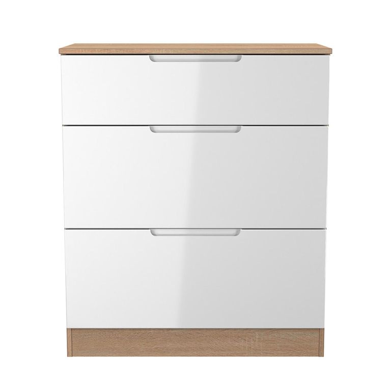 Milan Chest - Deep - 3 Drawer - White Gloss and Oak