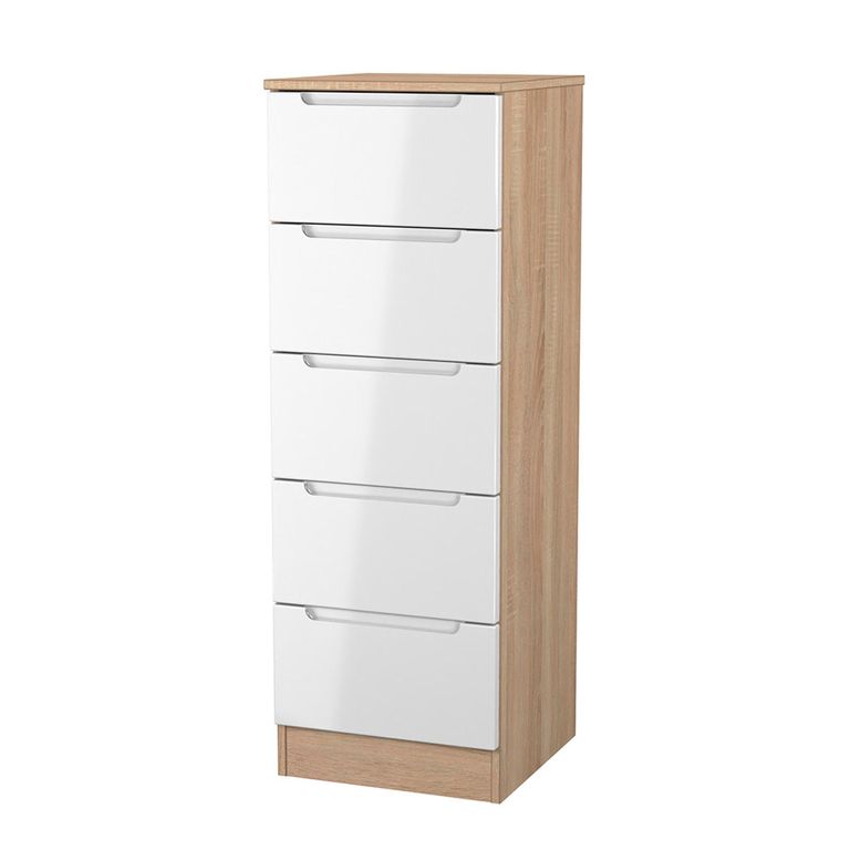 Milan Chest - Narrow - 5 Drawer - White Gloss and Oak