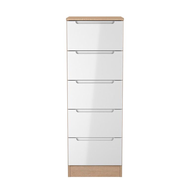 Milan Chest - Narrow - 5 Drawer - White Gloss and Oak