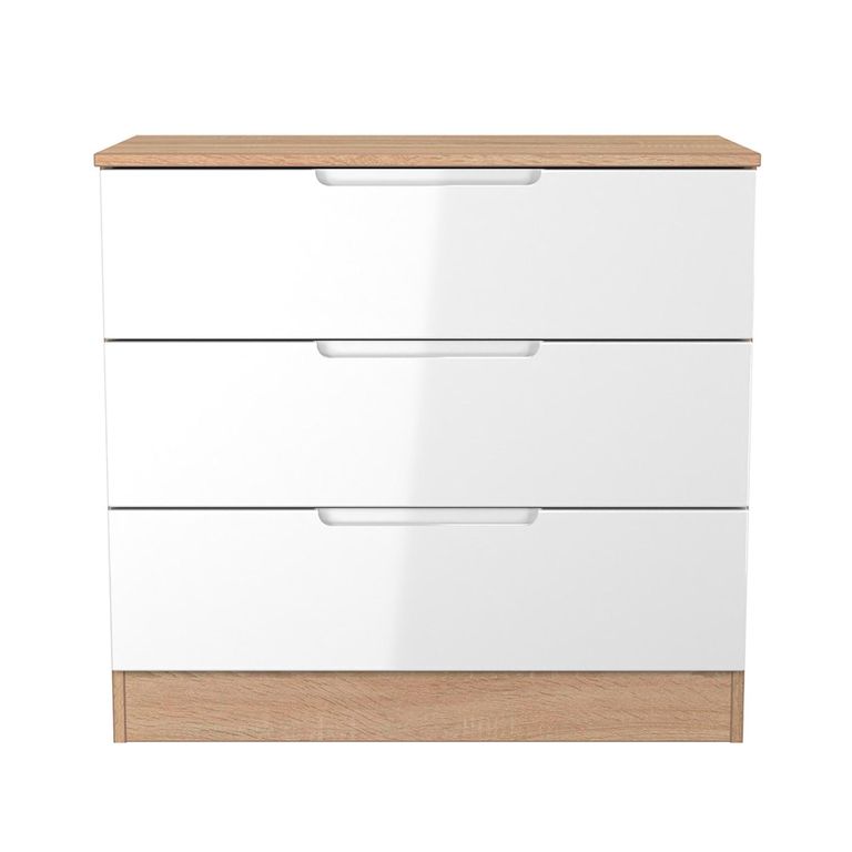 Milan Chest - Small - 3 Drawer - White Gloss and Oak