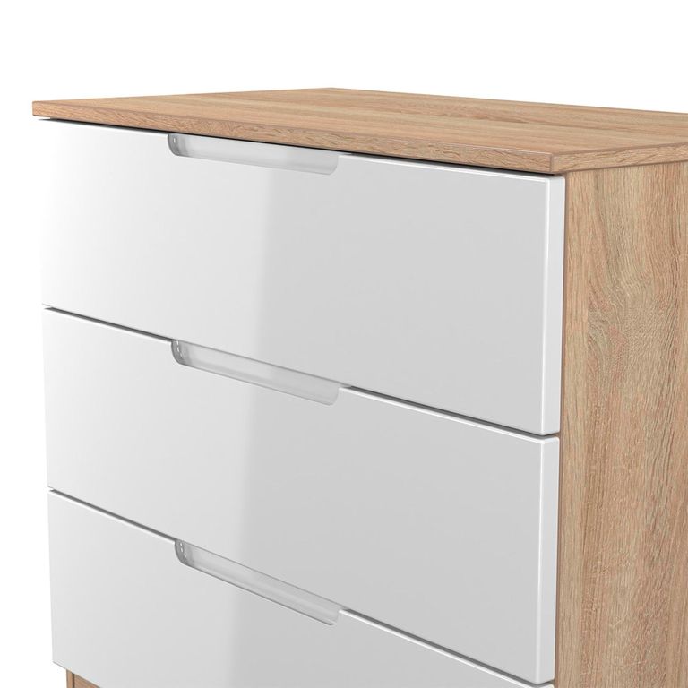 Milan Chest - Small - 3 Drawer - White Gloss and Oak
