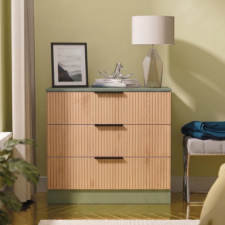 Java Fluted Chest - 3 Drawer - Natural and Reed Green