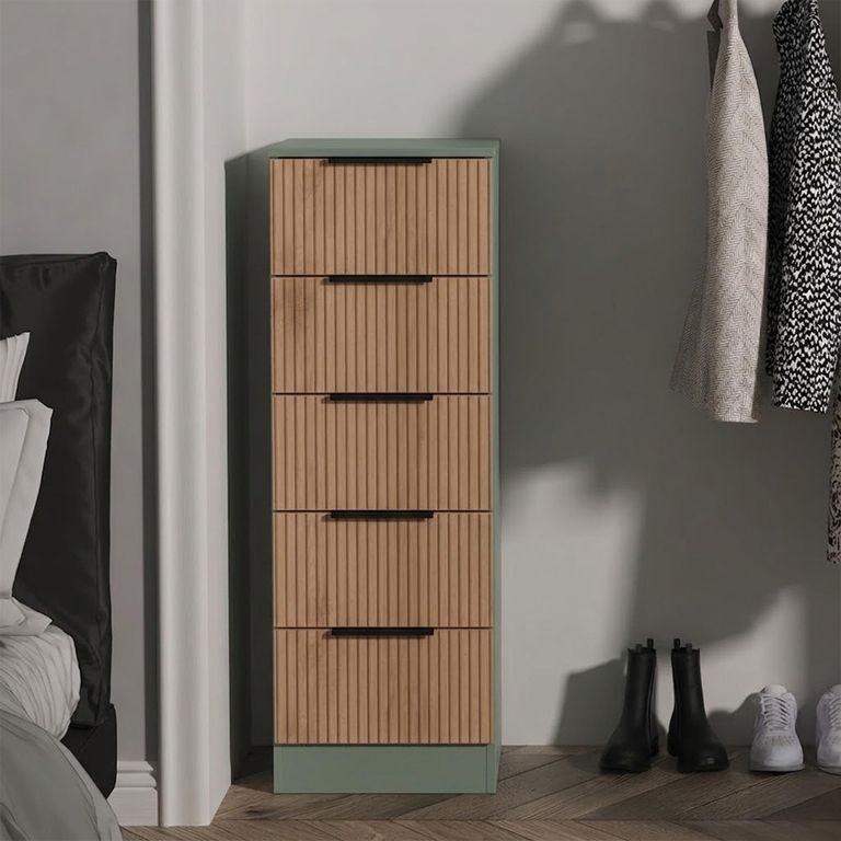 Java Fluted Chest - 5 Drawer - Narrow - Natural and Reed Green