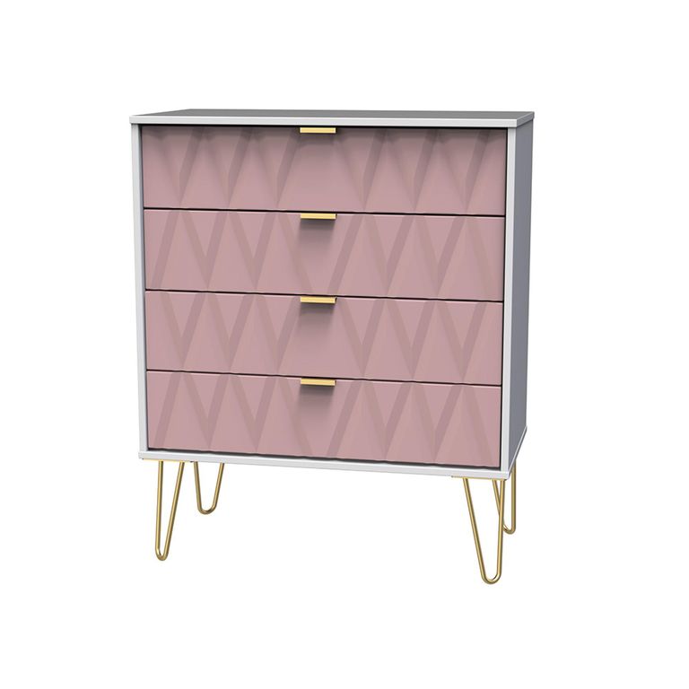 Diamond Chest - 4 Drawer - with Gold Hairpin Legs - Pink and White