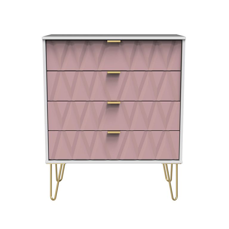 Diamond Chest - 4 Drawer - with Gold Hairpin Legs - Pink and White