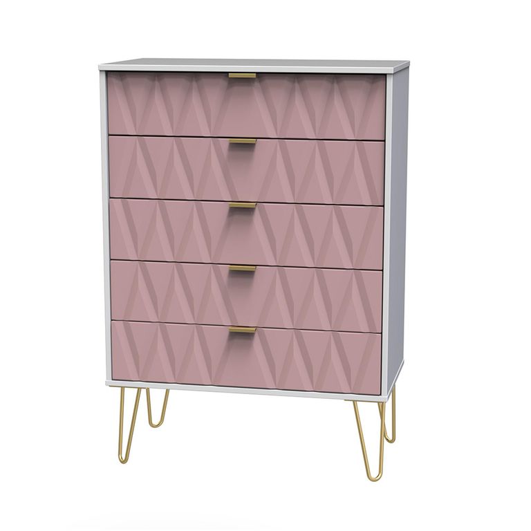 Diamond Chest - 5 Drawer - with Gold Hairpin Legs - Pink and White