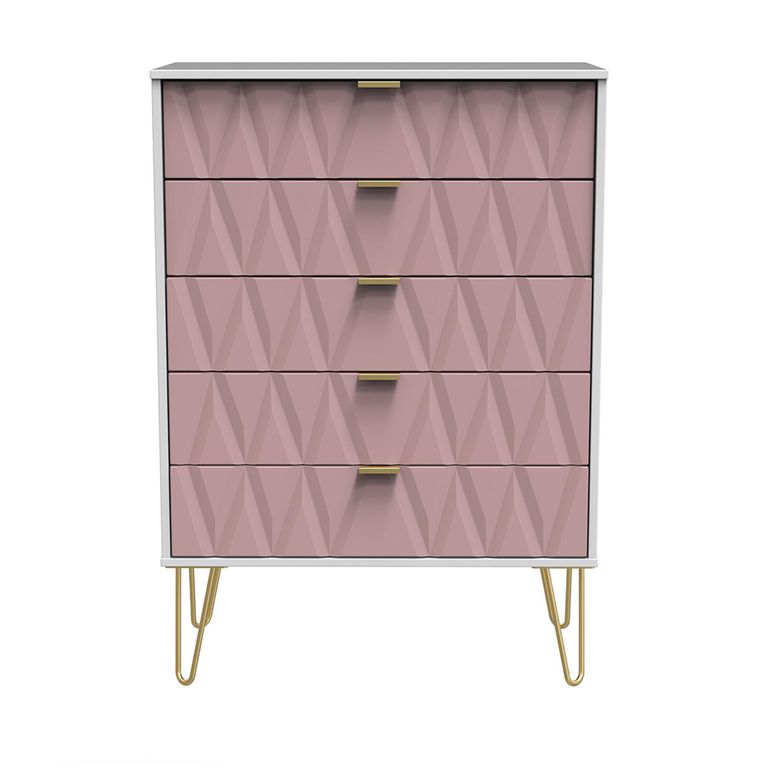 Diamond Chest - 5 Drawer - with Gold Hairpin Legs - Pink and White