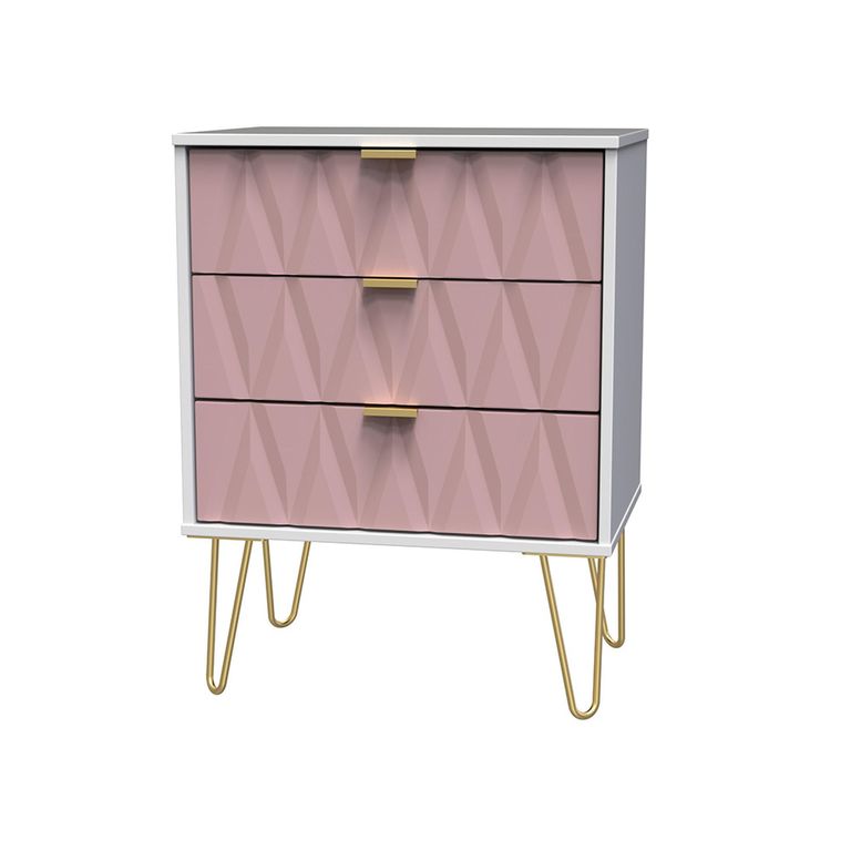 Diamond Midi Chest - 3 Drawer - with Gold Hairpin Legs - Pink and White
