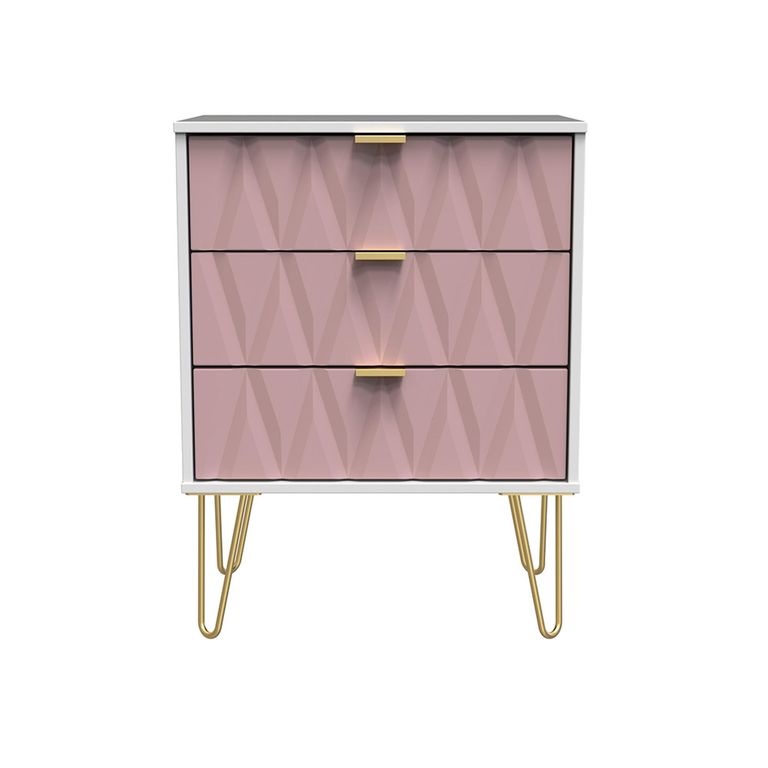Diamond Midi Chest - 3 Drawer - with Gold Hairpin Legs - Pink and White