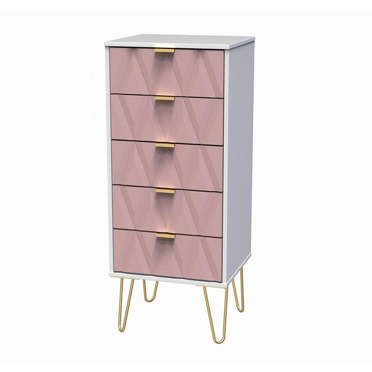Diamond Narrow Chest - 5 Drawer - with Gold Hairpin Legs - Pink and White