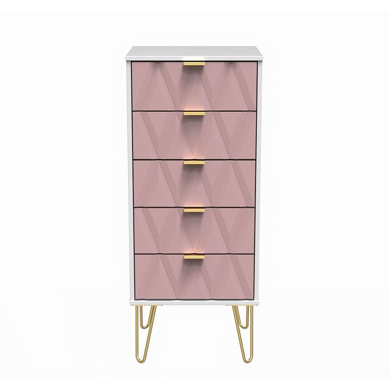 Diamond Narrow Chest - 5 Drawer - with Gold Hairpin Legs - Pink and White