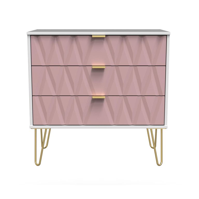 Diamond Small Chest - 3 Drawer - with Gold Hairpin Legs - Pink and White