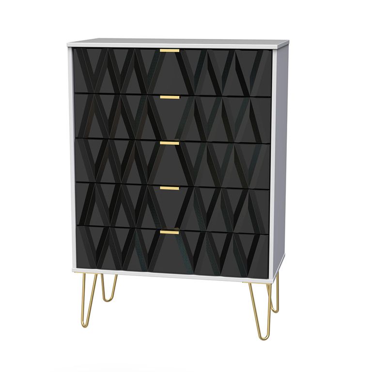 Diamond Chest - 5 Drawer - with Gold Hairpin Legs - Black and White