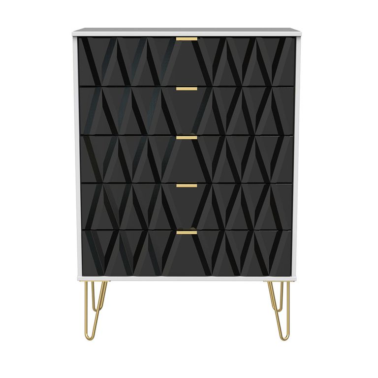 Diamond Chest - 5 Drawer - with Gold Hairpin Legs - Black and White