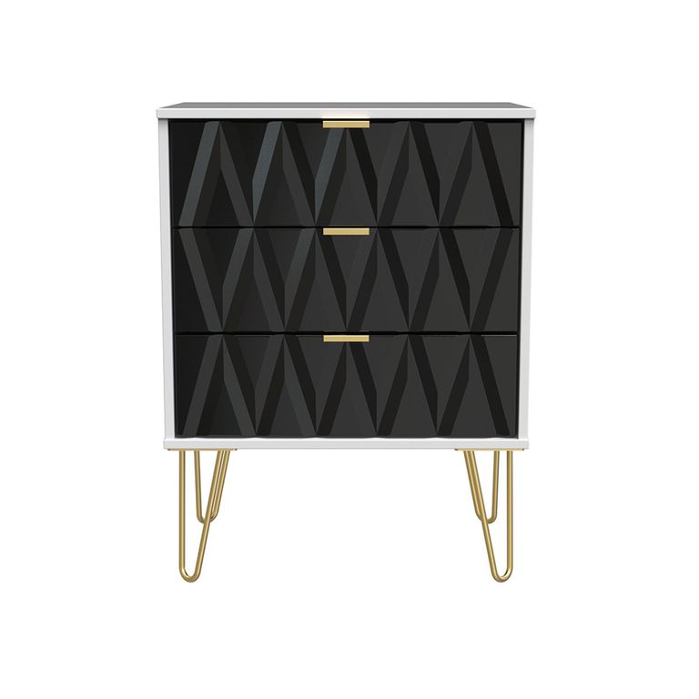 Diamond Midi Chest - 3 Drawer - with Gold Hairpin Legs - Black and White