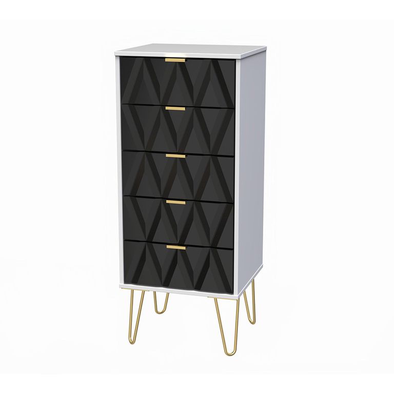 Diamond Narrow Chest - 5 Drawer - with Gold Hairpin Legs - Black and White