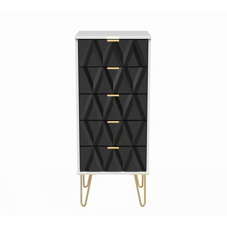 Diamond Narrow Chest - 5 Drawer - with Gold Hairpin Legs - Black and White