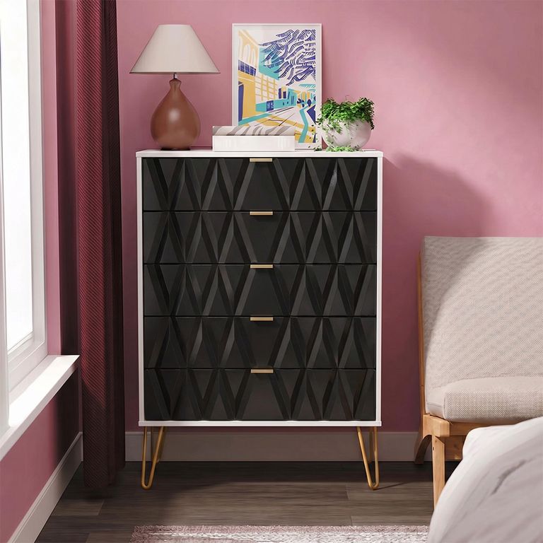Diamond Chest - 5 Drawer - with Gold Hairpin Legs - Black and White
